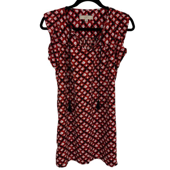 Loft Flutter Sleeve Tunic Dress size XS Red Floral Rayon Tassell Tie V Neck - Picture 1 of 9